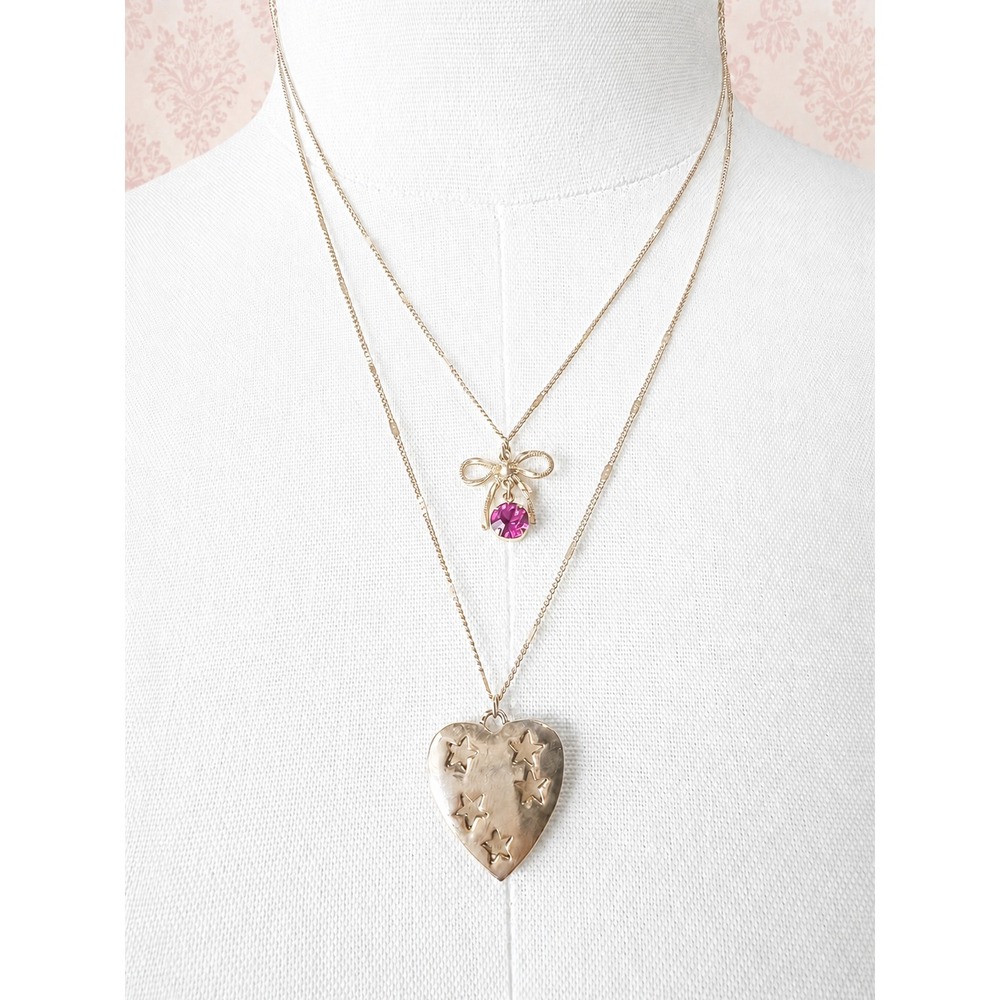 Vintage Betsey Johnson Whimsical Layered Necklace Pink Rhinestone Bow Star Heart - Picture 4 of 4